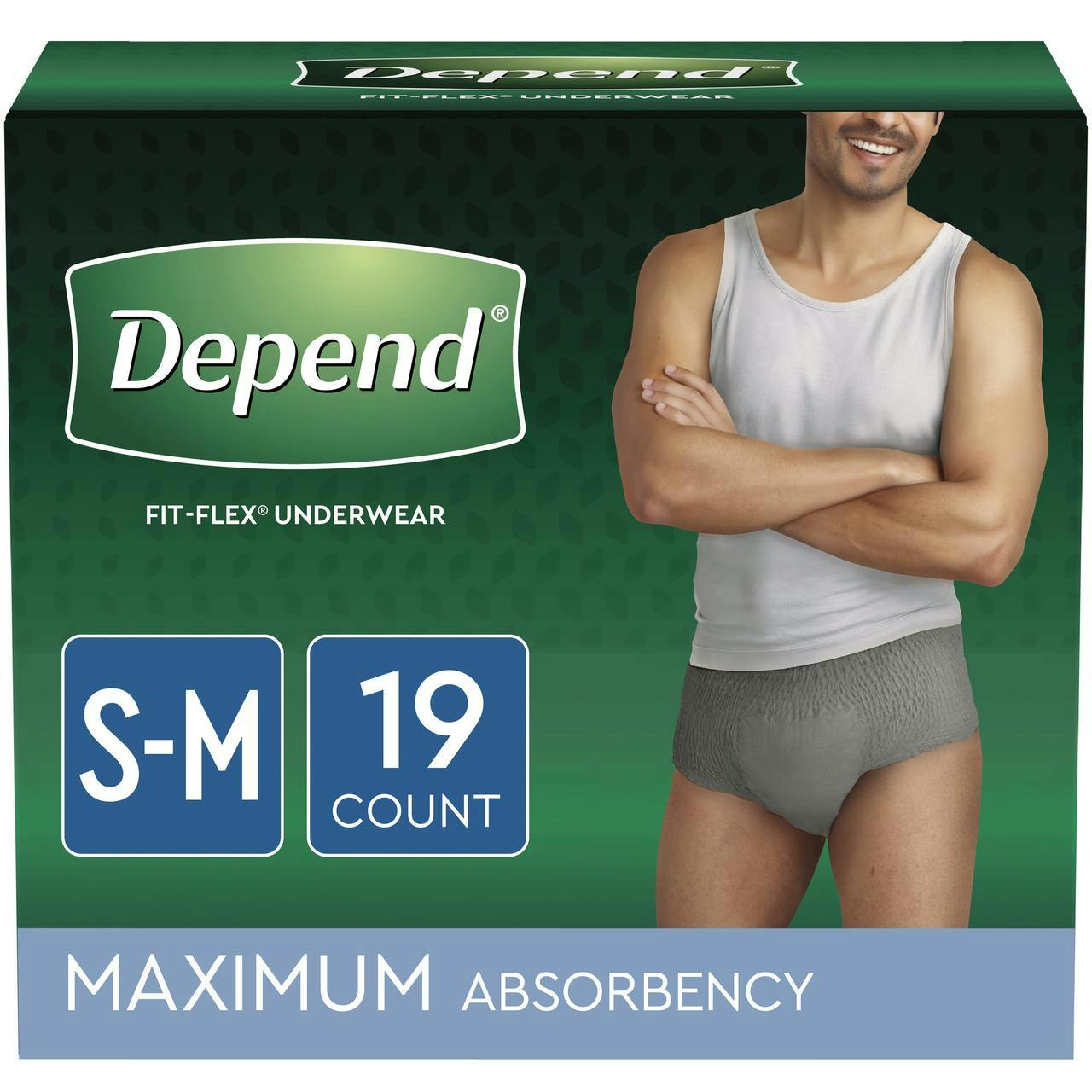 Depend Fit-Flex Pull-Up Underwear for Men, Maximum, 51700-PK19, Small/Medium (26-34"), Pack of 19