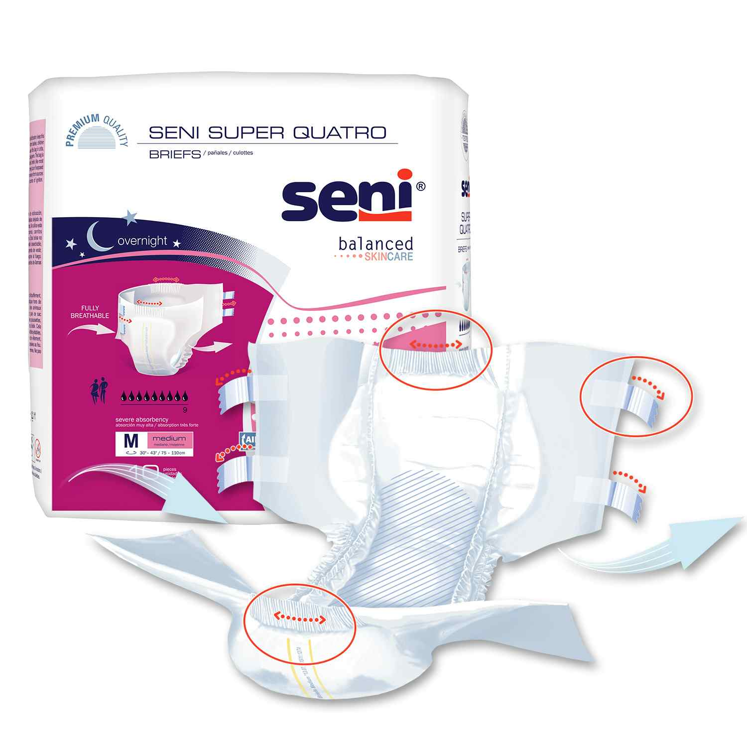 Seni Super Quatro Adult Diapers with Tabs, S-ME10-BQ1, Med, PK10