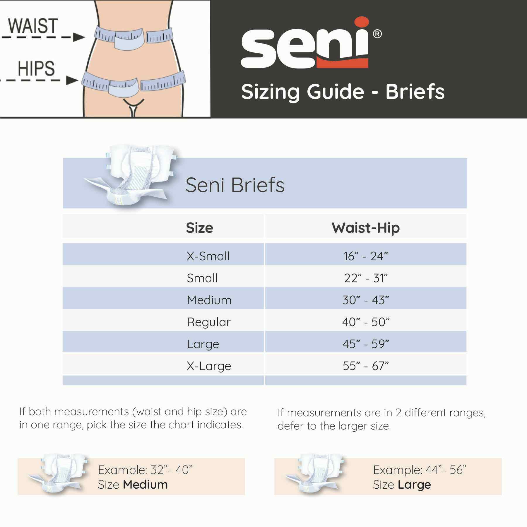Seni Super Quatro Adult Diapers with Tabs, Sizing