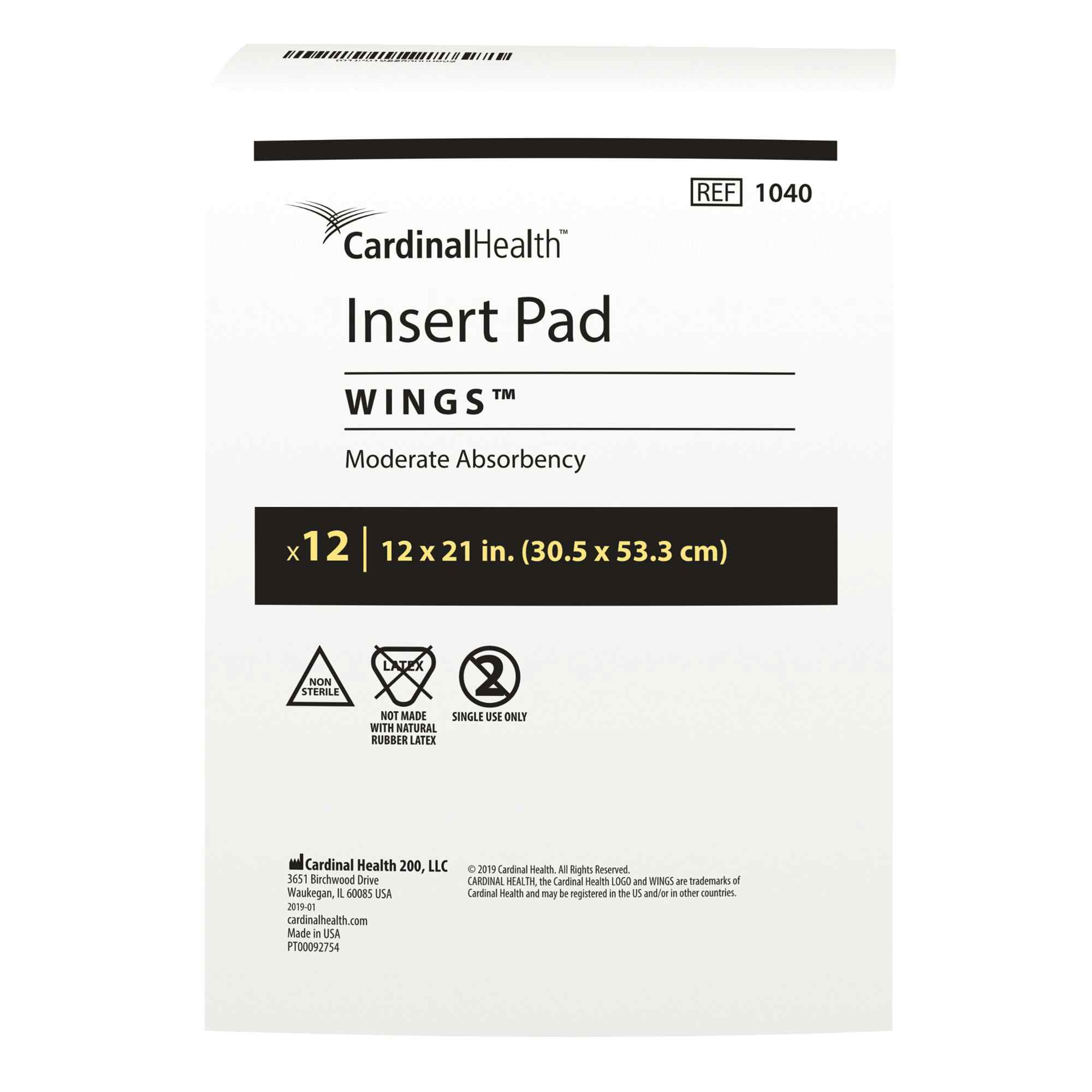 CardinalHealth Garment Liner Wings, Moderate Absorbency, 1040, 12 X 21" - Case of 144 (12 Bags)
