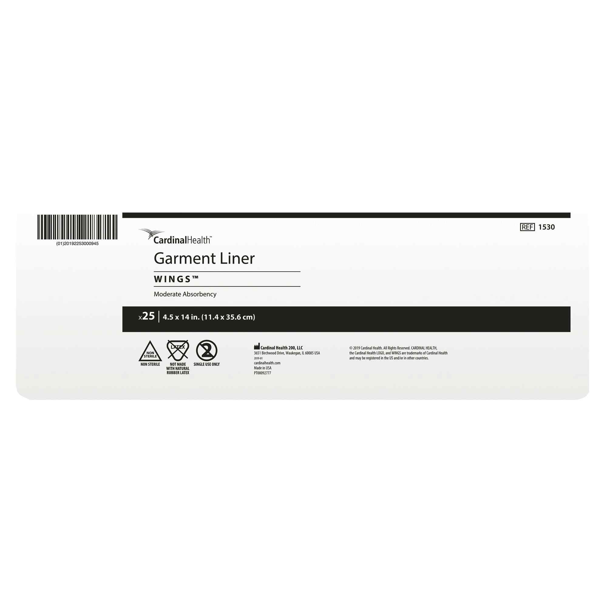 CardinalHealth Garment Liner Wings, Moderate Absorbency, 1530, 4.5 X 14" - Case of 125 (5 Bags)