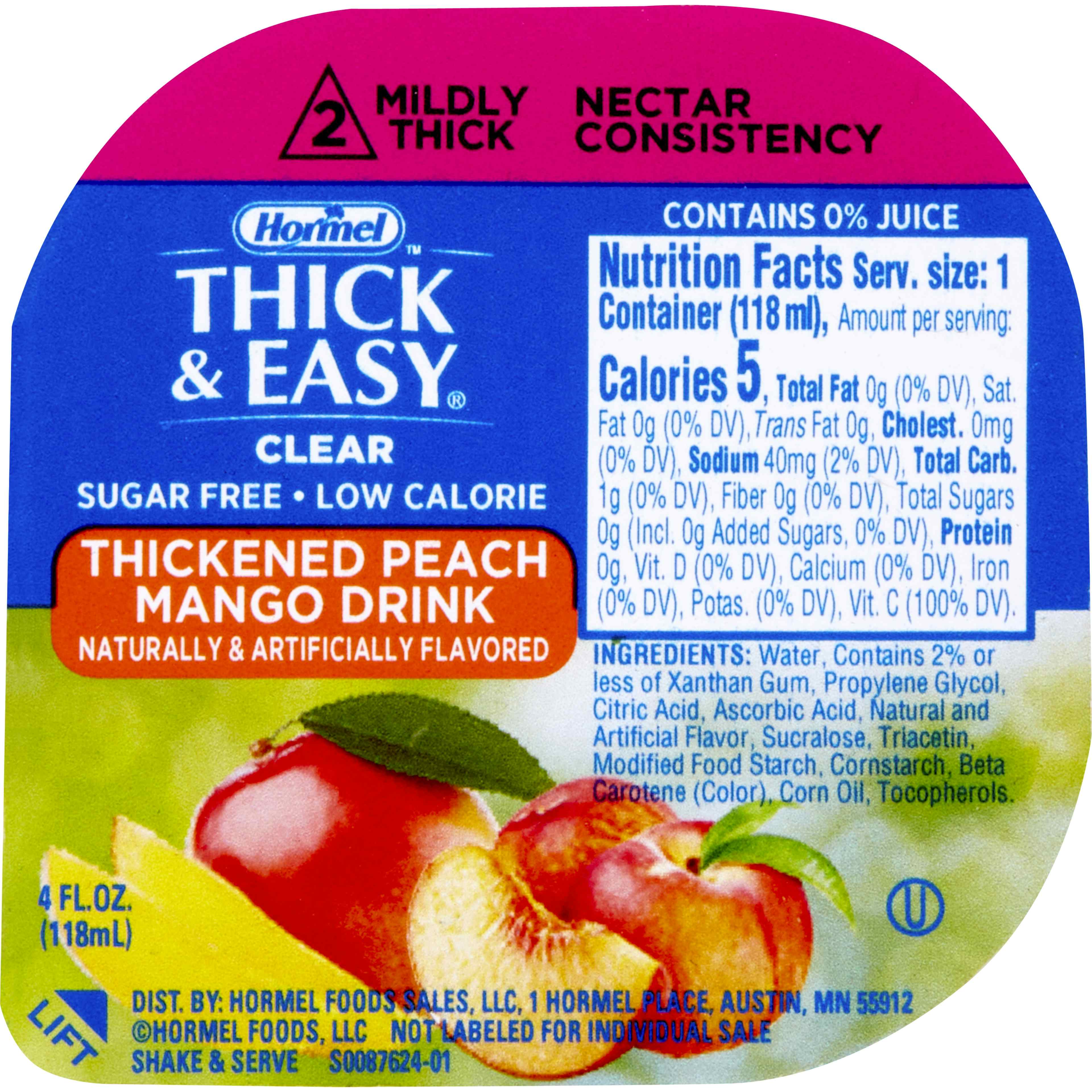 Hormel Thick & Easy Clear Sugar Free Low Calorie Thickened Beverage, Nectar Consistency, Mildly Thick, Peach Mango