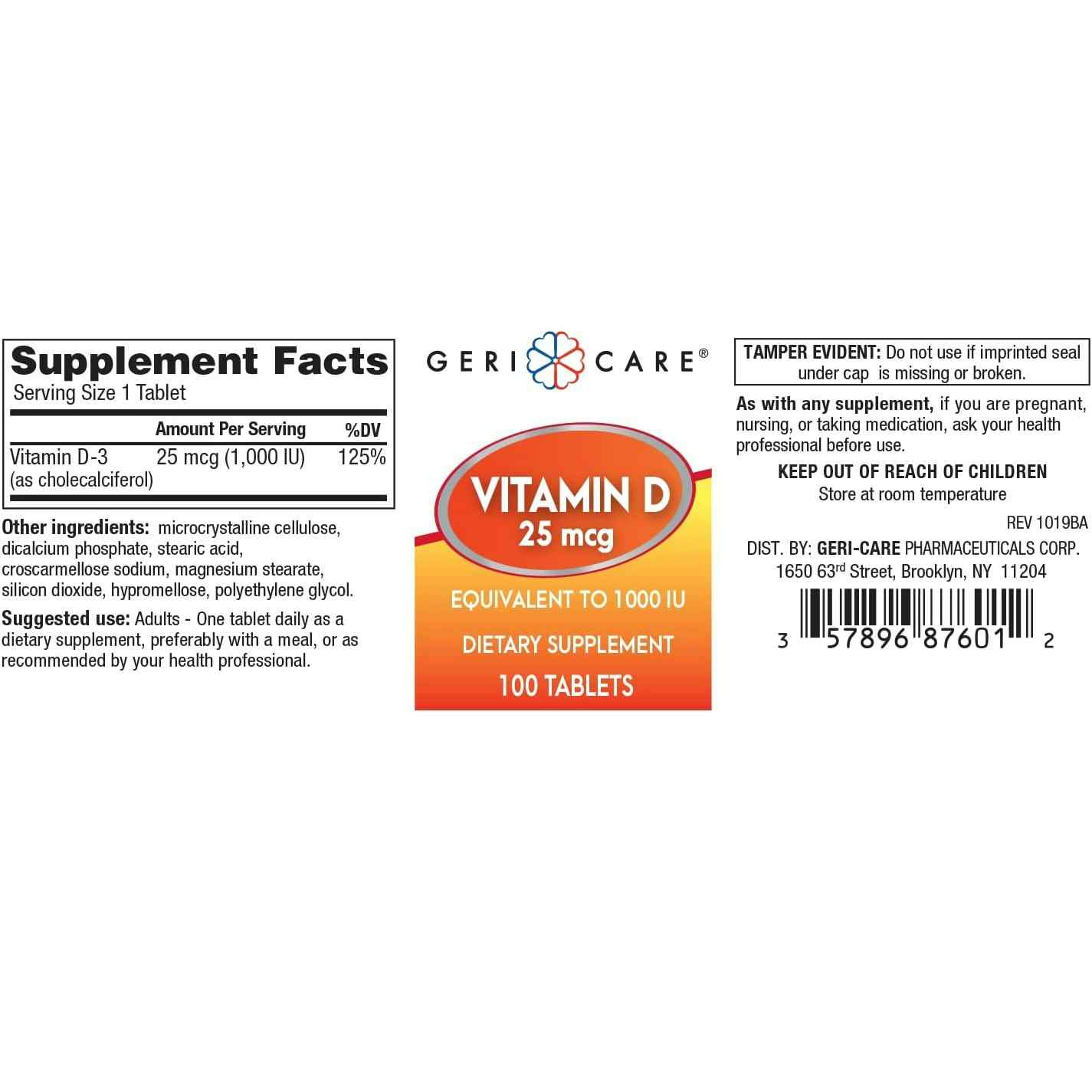 Geri-Care Vitamin D3 Tablets, 1000 IU Strength, 100 Per Bottle