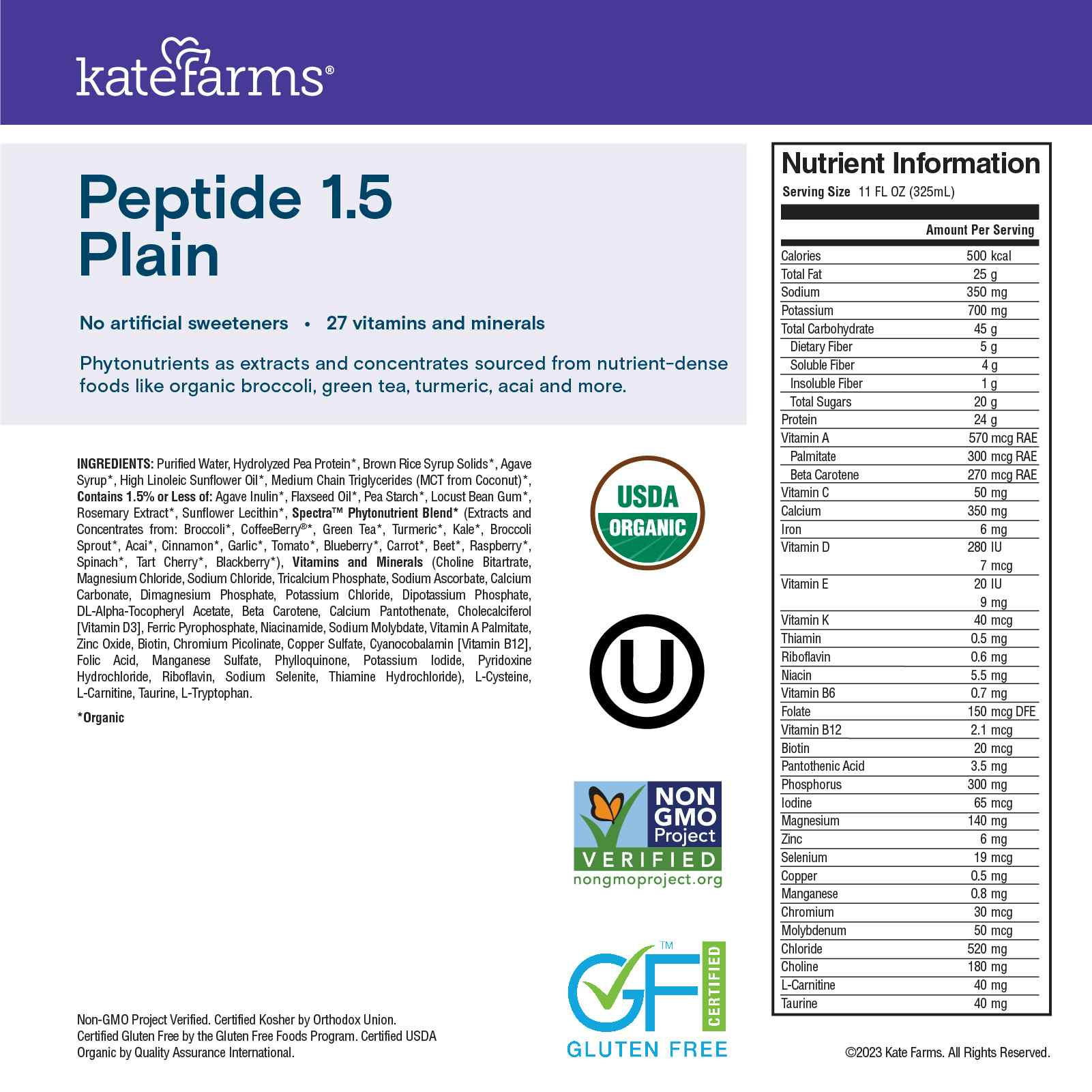 Kate Farms Peptide 1.5 Sole-Source Nutrition Formula, Plain, 11 oz.