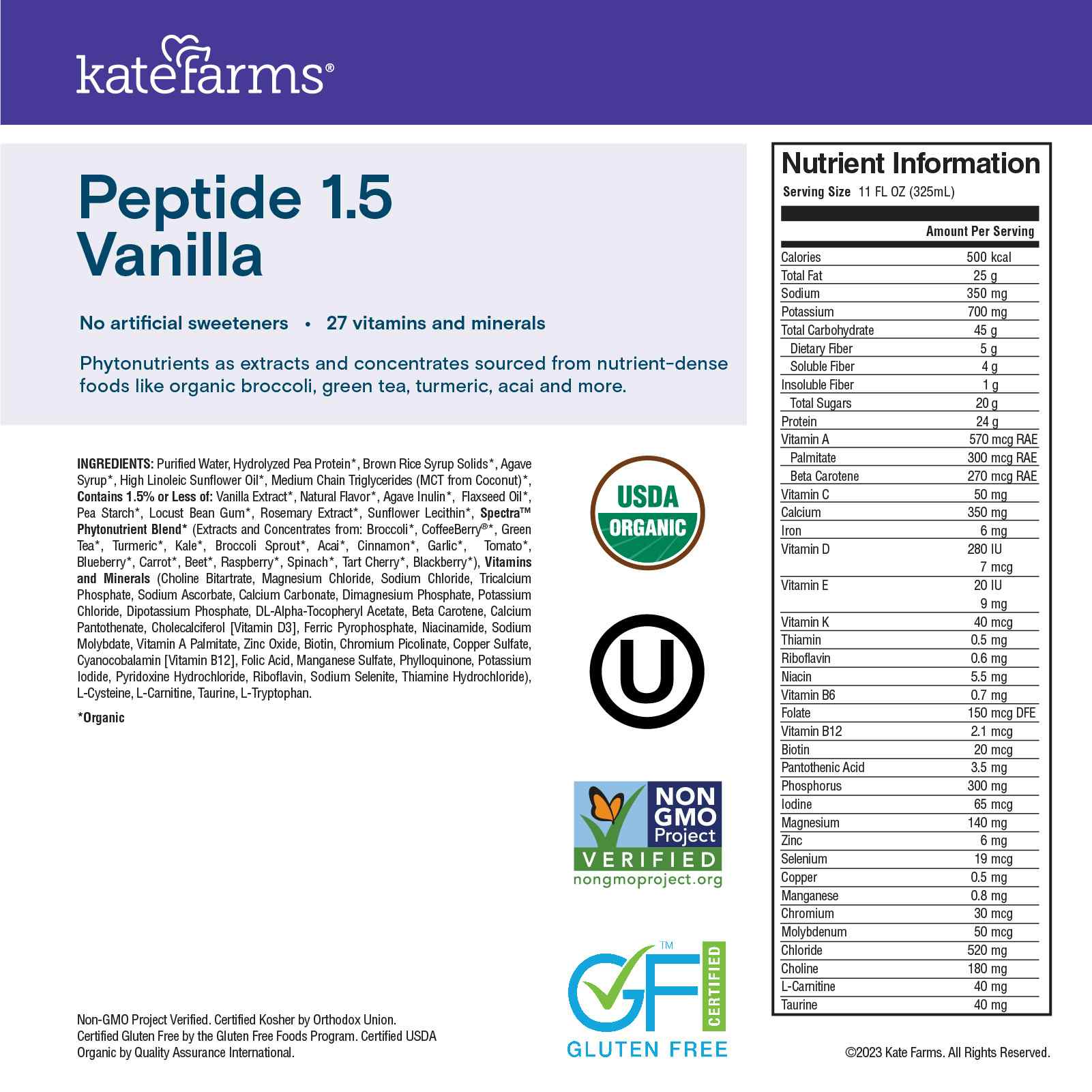 Kate Farms Peptide 1.5 Sole-Source Nutrition Formula, Vanilla, 11 oz.
