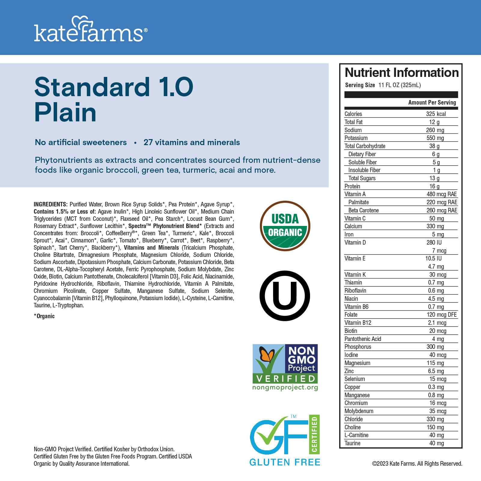 Kate Farms Standard 1.0 Sole-Source Nutrition, Plain, 11 oz.