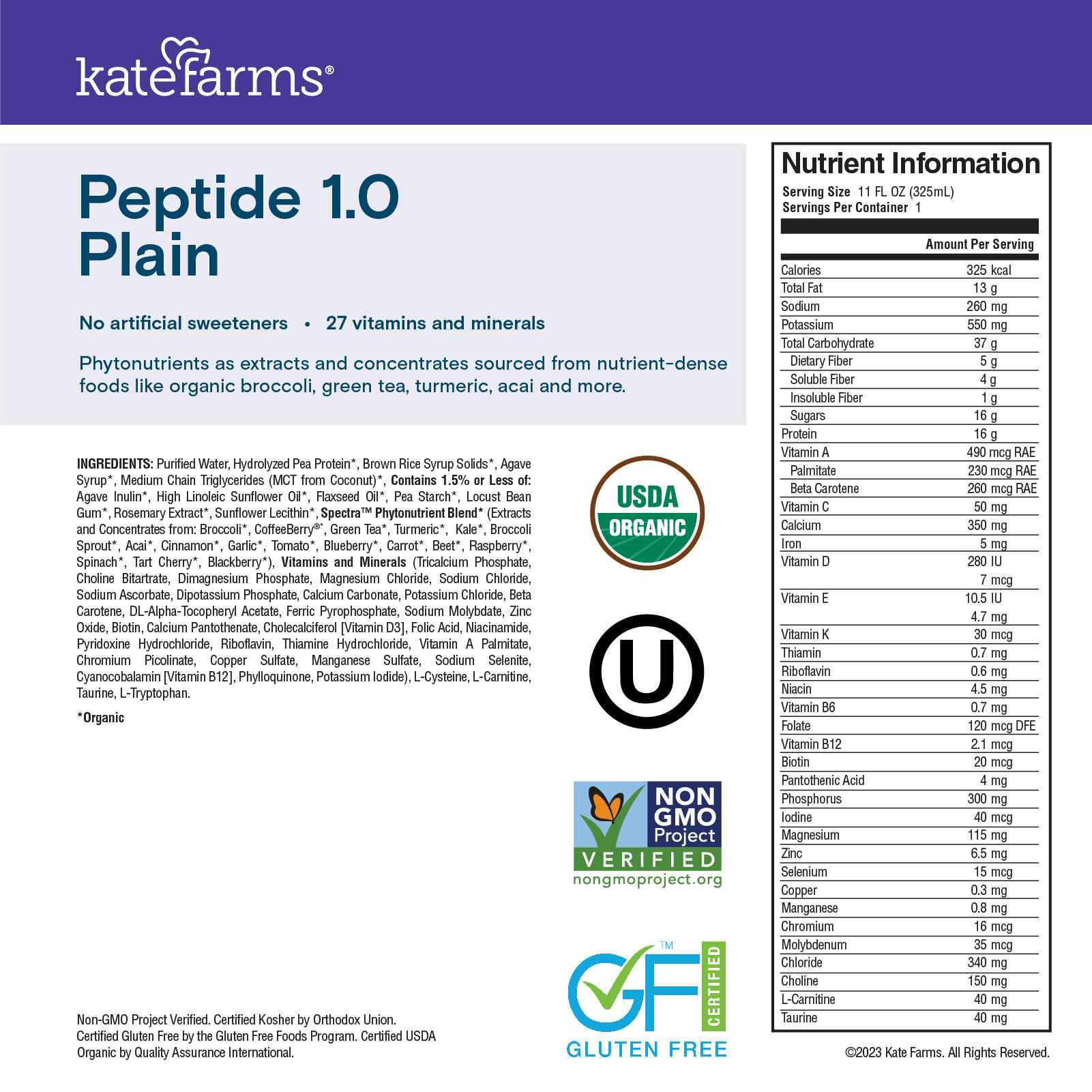 Kate Farms Peptide 1.0 Sole-Source Nutrition, Plain, 11 oz.