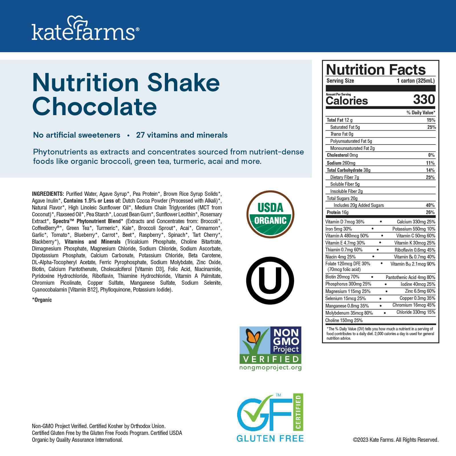 Kate Farms Nutrition Shake, Chocolate, 11 oz.