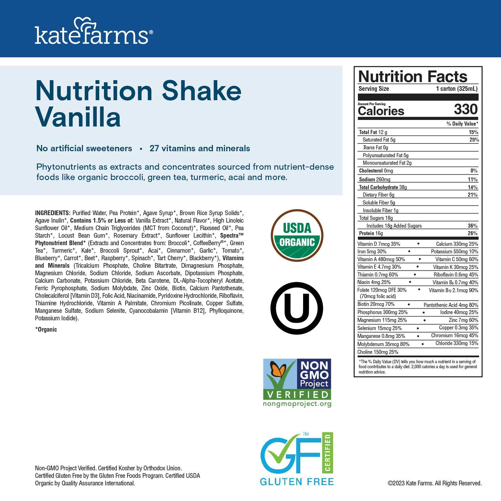 Kate Farms Nutrition Shake, Vanilla, 11 oz.