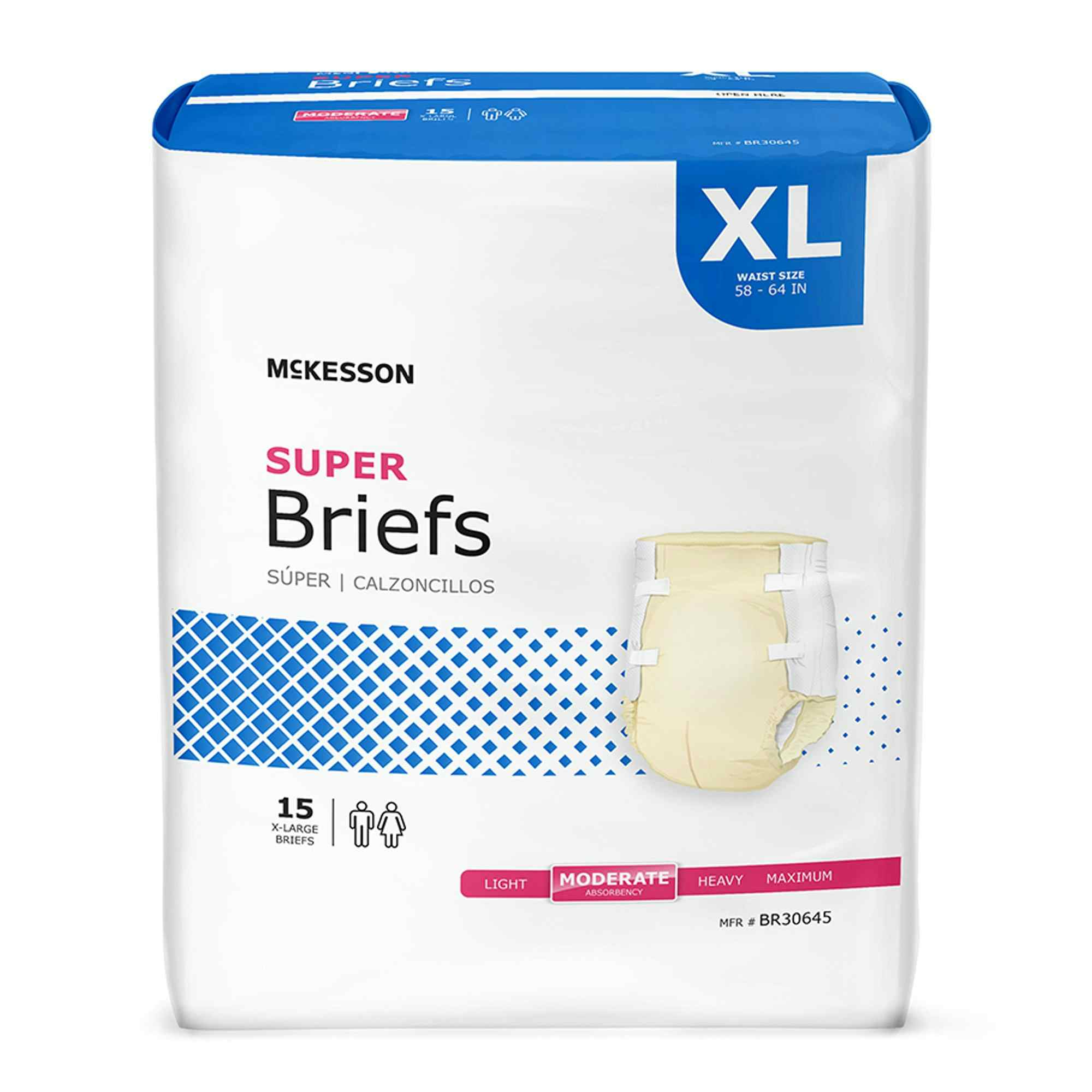 McKesson Super Brief Adult Diapers with Tabs, Moderate Absorbency, BR30645, Beige - X-Large (58-64") - Bag of 15