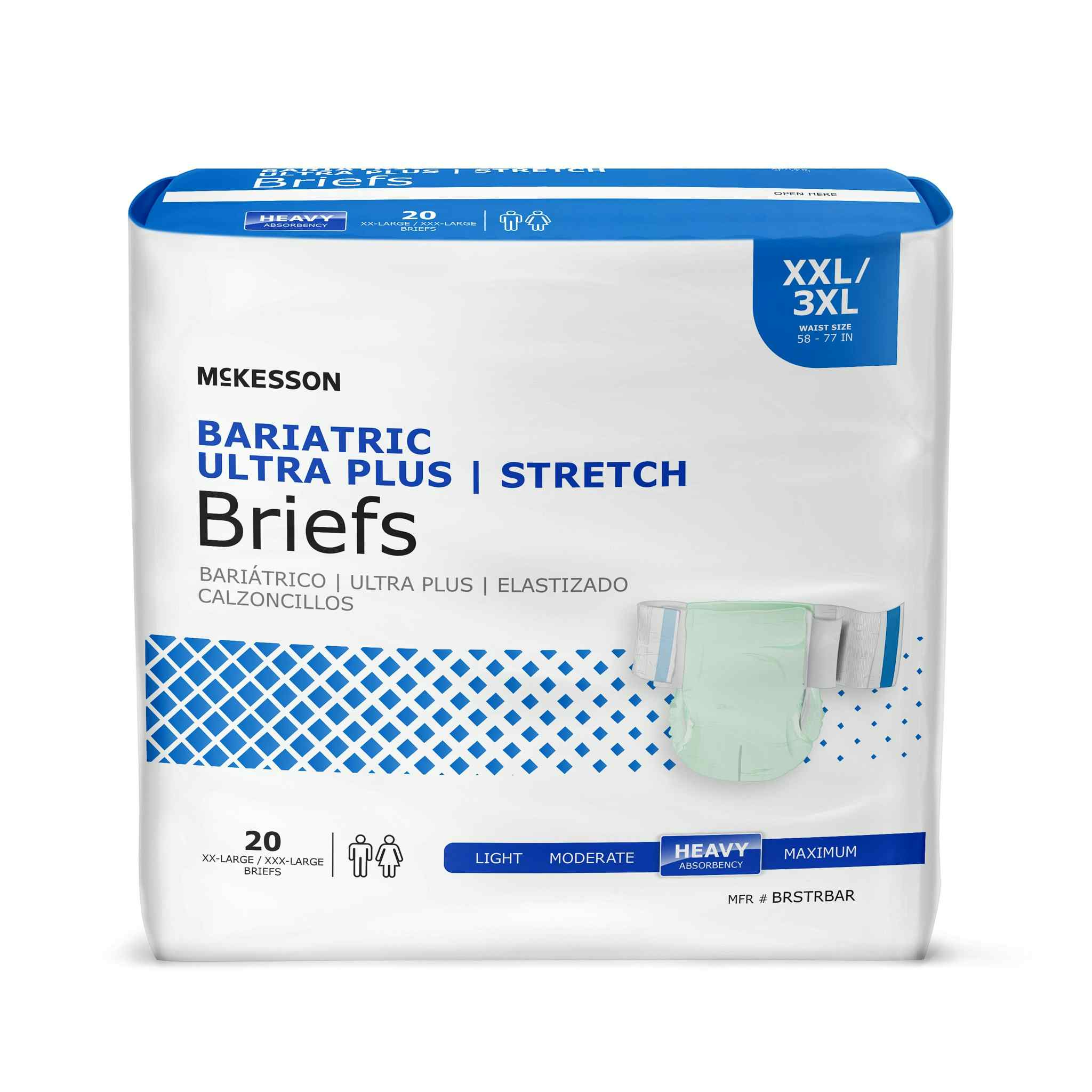 McKesson Bariatric Ultra Plus Stretch Brief Adult Diapers with Tabs, Heavy Absorbency, BRSTRBAR, Light Green - 2XL/3XL (58-77") - Case of 80 (4 Bags)