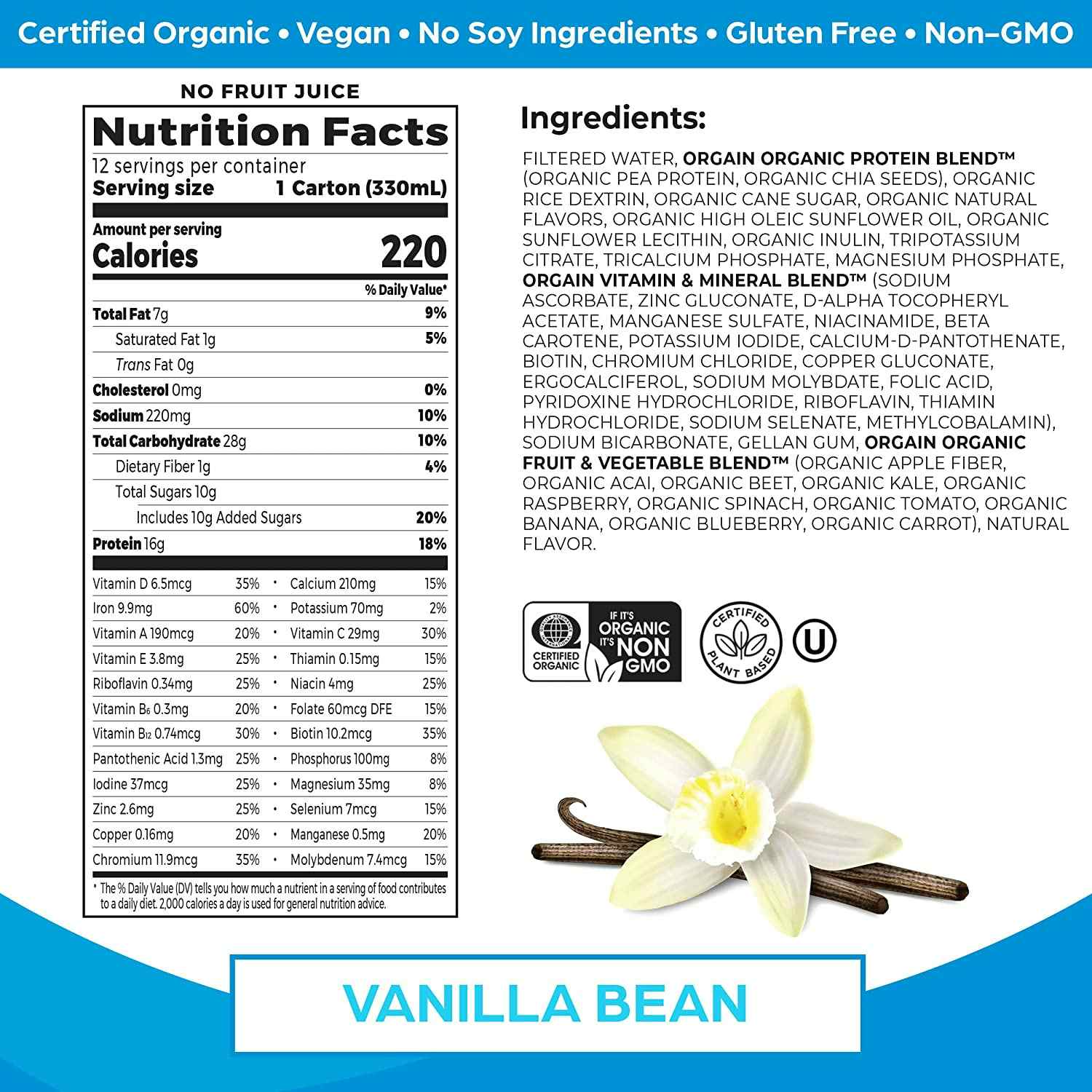 Orgain Organic Nutrition Vegan All-In-One Protein Shake, Vanilla Bean, 11 oz., 851770006743, Pack of 4