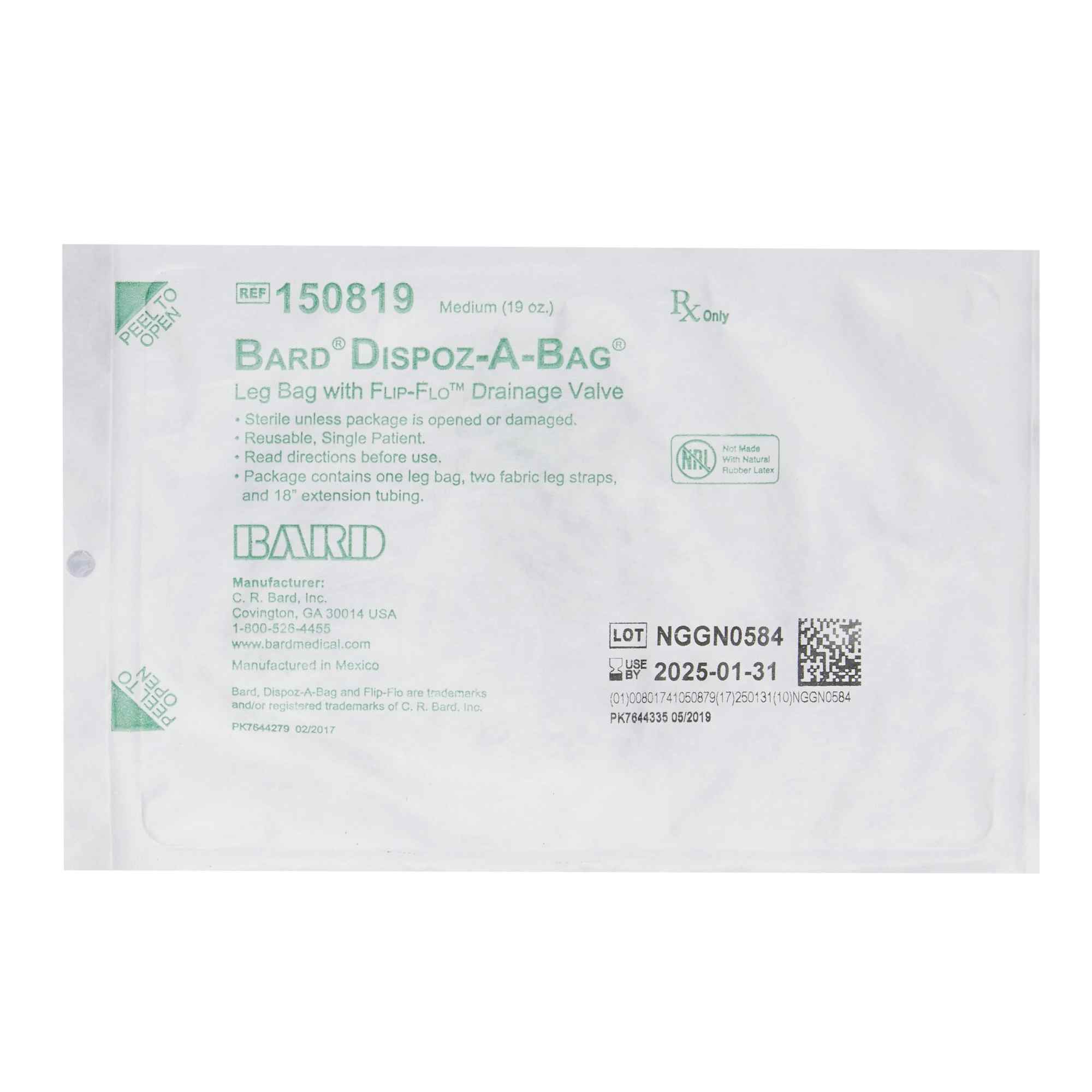 Bard Dispoz-a-Bag Urinary Leg Bag, 19 oz, Without Straps, 150819, 1 Each