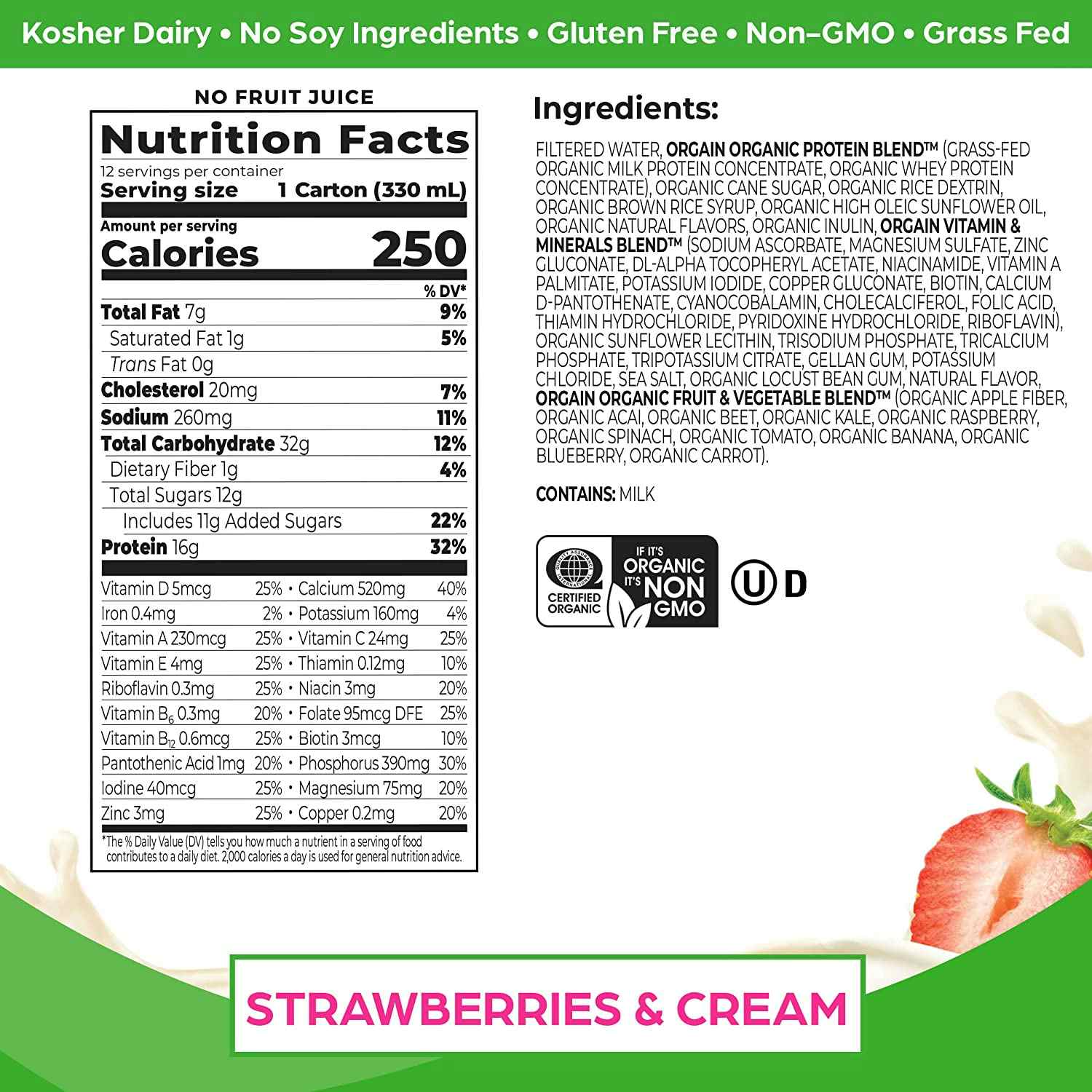Orgain Organic Nutrition Nutritional Shake, Strawberries & Cream, 11 oz., 851770003087, Case of 12