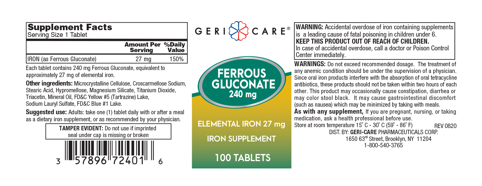 Gericare Ferrous Gluconate Iron Supplement, 240 mg., 100 Tablets, 724-01-GCP, 1 Bottle