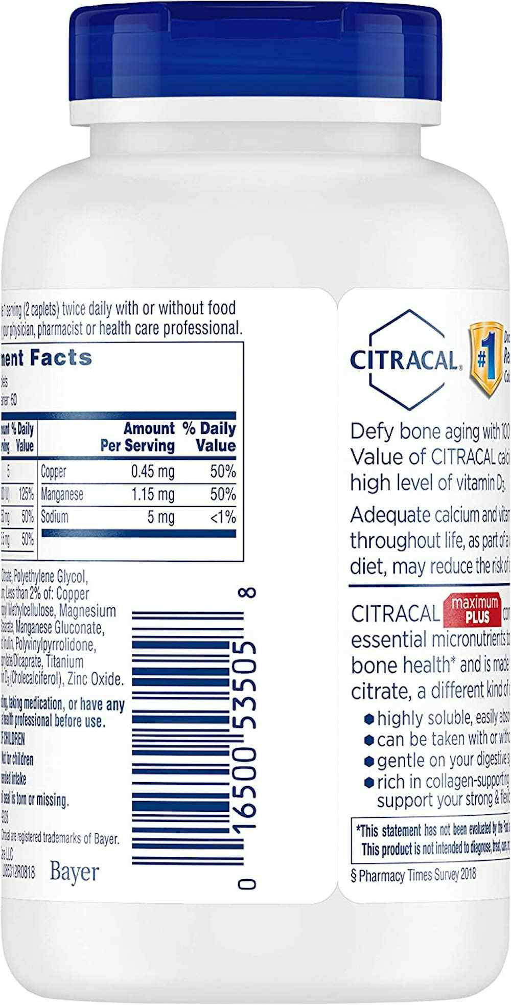 Citracal Maximum Calcium Citrate Formula with D3, 315 mg, 120 Coated Tablets, 01650053505, 1 Bottle