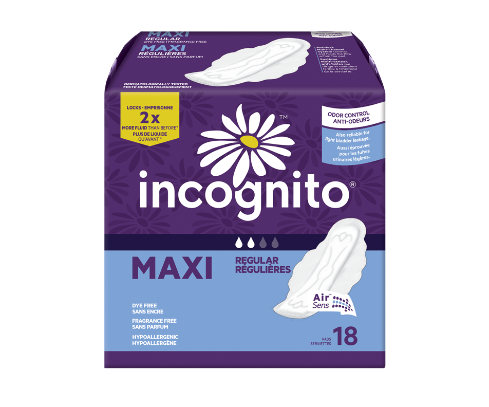 Incognito Maxi Pad with Wings, Regular Absorbency, 10006610, Case of 216 (12 Bags)