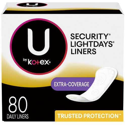 U by Kotex LightDays Plus Liners, Regular Absorbency, 48374, Case of 320 (4 Packs)