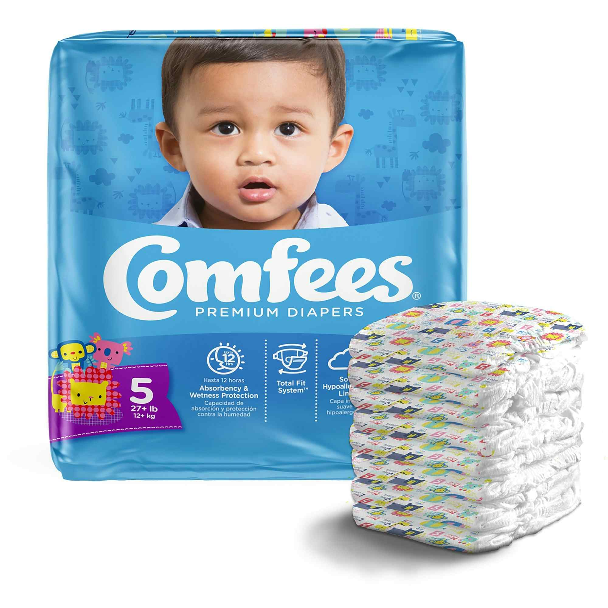 Comfees Premium Baby Diapers, Moderate Absorbency, CMF-5, Size 5 (Over 27 lbs.) - Case of 4 (4 Bags)