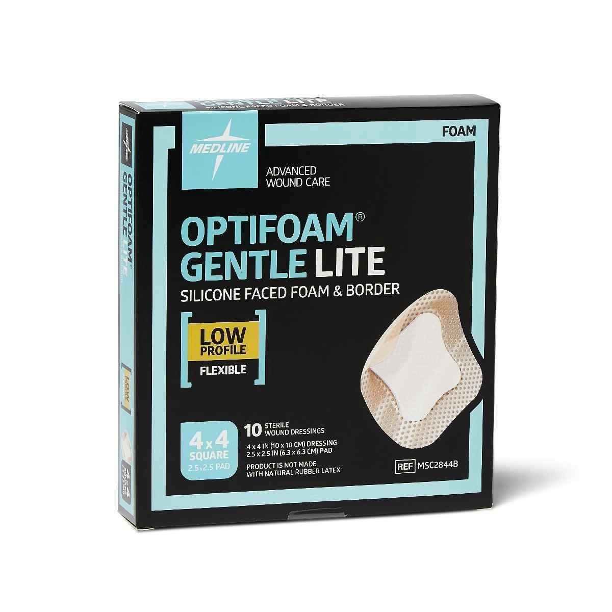 Medline Optifoam Gentle Lite Foam Dressing with Border, MSC2844BZ, 4" X 4" - Box of 10