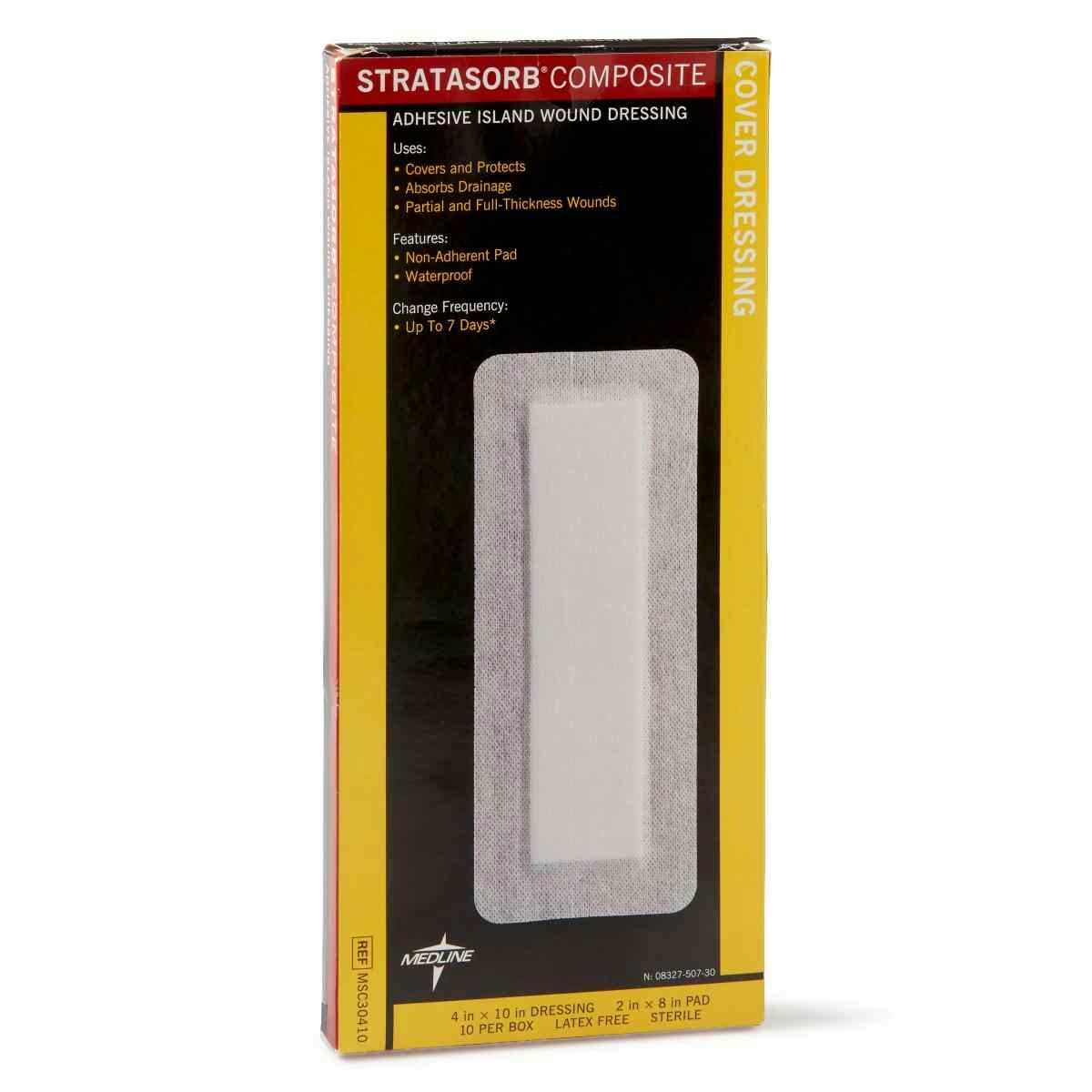 Medline Stratasorb Composite Adhesive Island Wound Dressings, MSC30410Z, 4" X 10" - Box of 10
